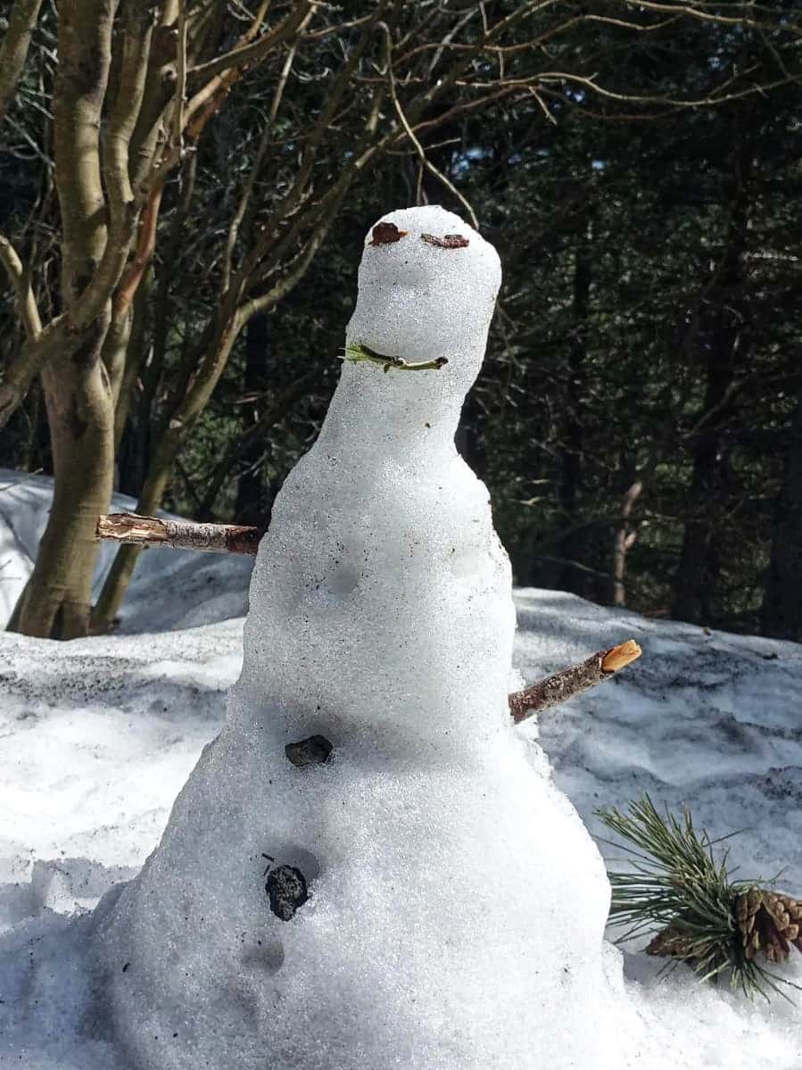 Pupazzo di neve improvvisato lungo la salita durante un’escursione invernale, tra alberi e neve